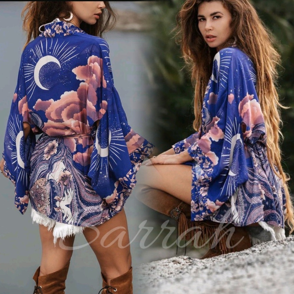 New Bohemian Moon & Stars Mixed Floral Print Kimono Cardigan Jacket Robe - Picture 1 of 17